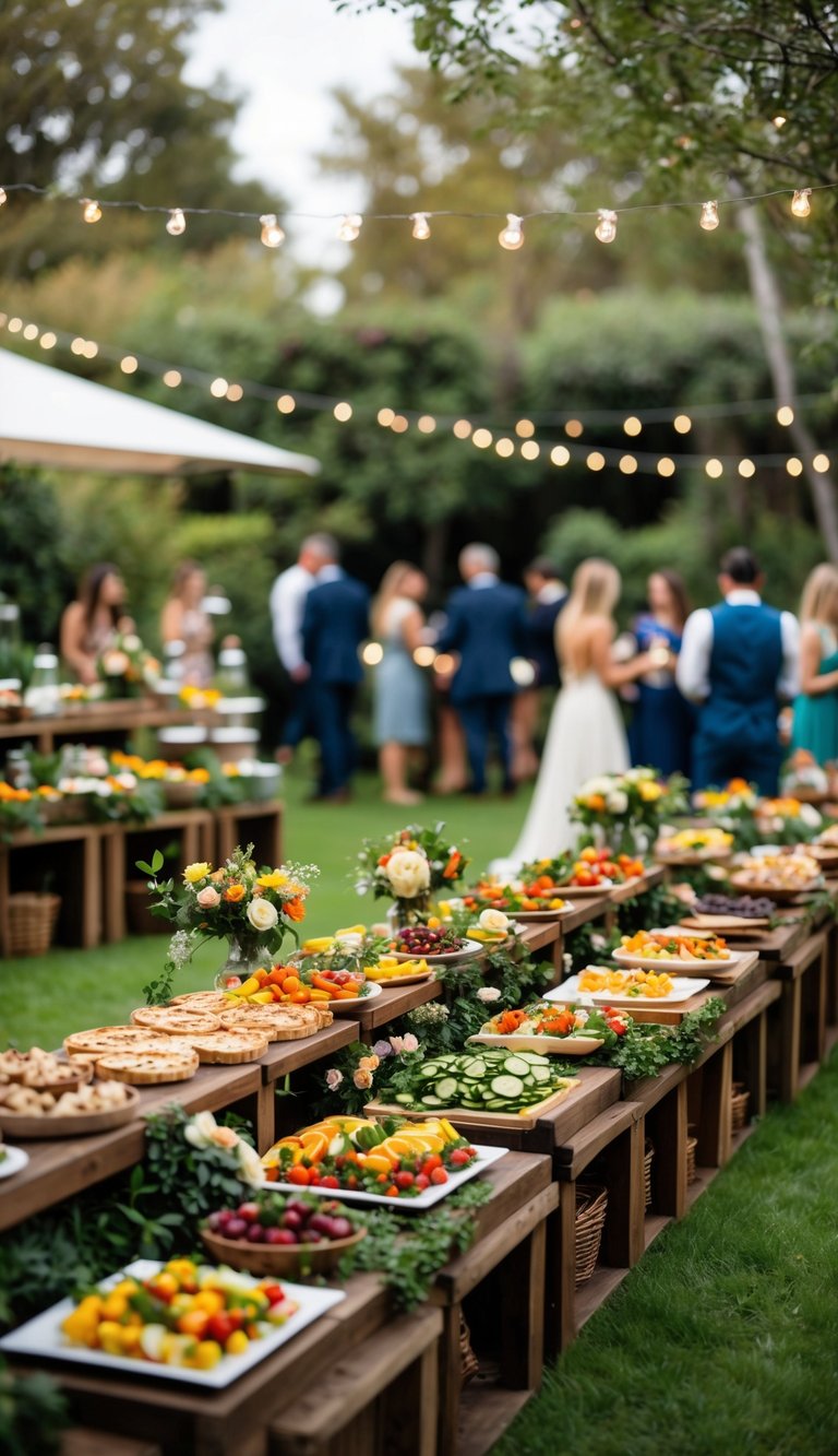 Outdoor backyard wedding reception with tiered buffet tables displaying seasonal foods and guests mingling nearby.