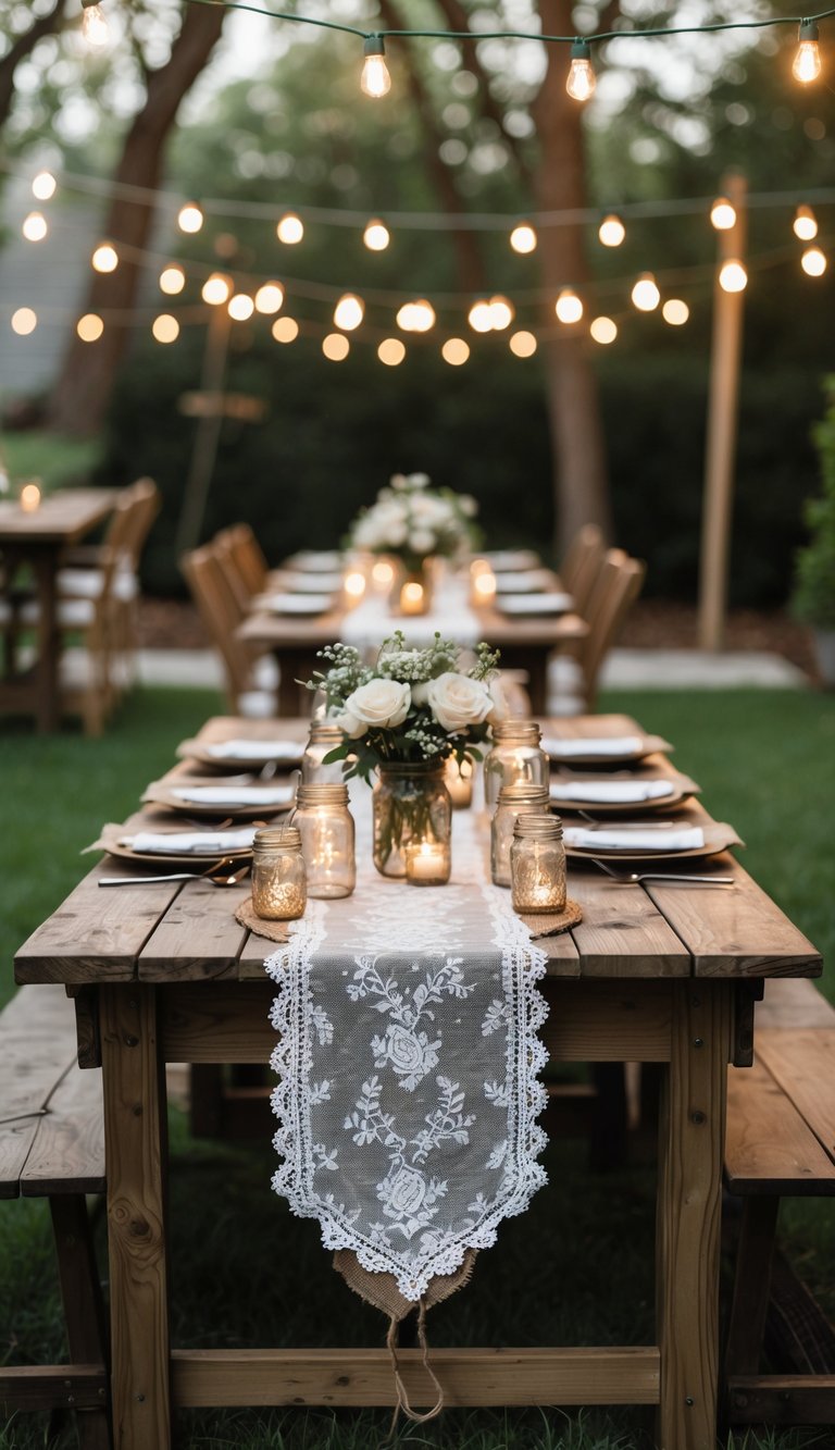 A wooden table outdoors decorated with burlap and lace table runners, floral arrangements, and string lights in a backyard wedding reception setting.