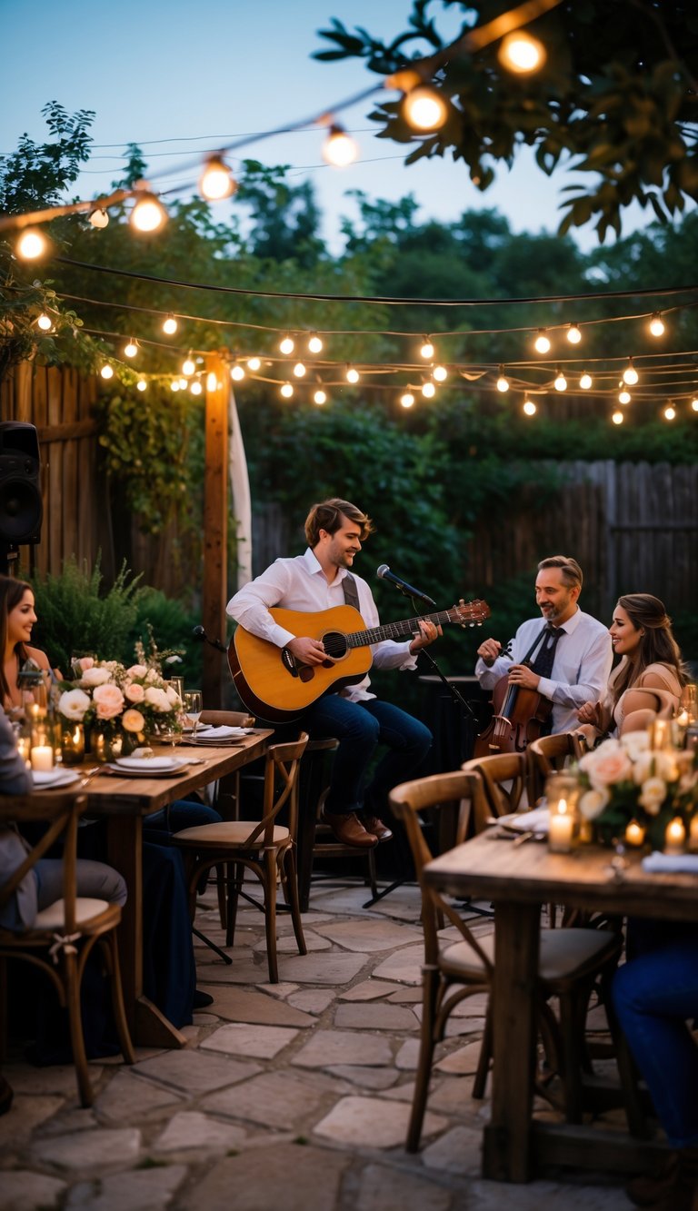 A guitarist and band playing live music at a small backyard wedding reception with guests seated outdoors surrounded by greenery and string lights.