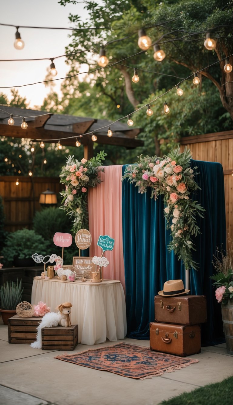 A photo booth with fun props and a decorative backdrop set up in a small backyard wedding reception.