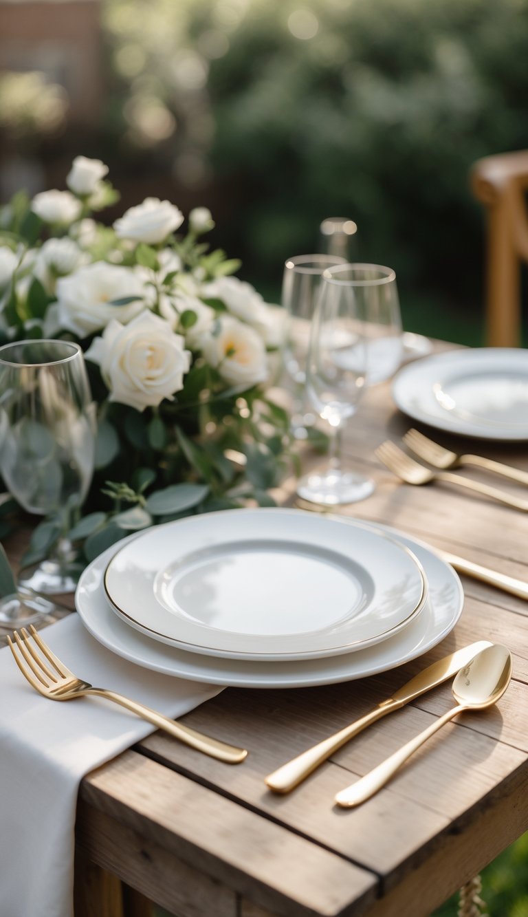 A small outdoor wedding reception table with white plates and gold flatware set on a wooden table surrounded by greenery.