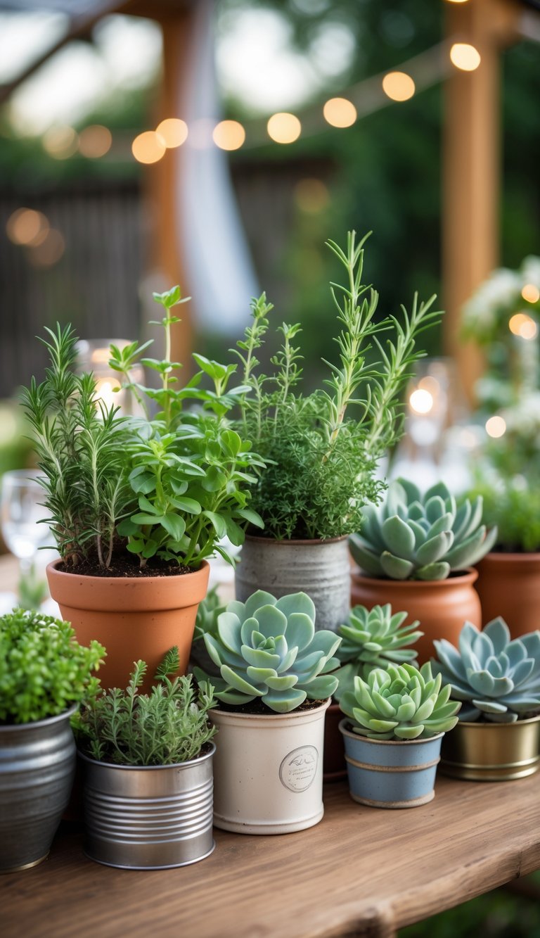 Small potted herbs and succulents arranged on a wooden table in a backyard wedding reception setting.