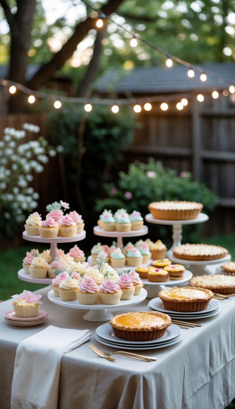 A backyard dessert table with cupcakes and pies arranged for a small wedding reception.