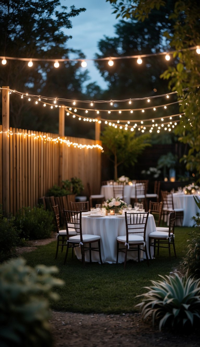 Small backyard wedding reception with stringed fairy lights around a wooden fence and tables set for guests.