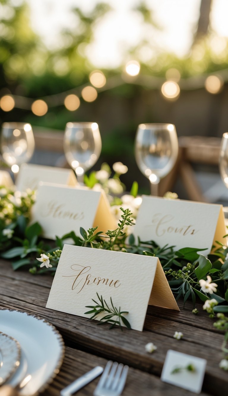 Close-up of handcrafted place cards arranged on a wooden table outdoors with greenery and flowers in a backyard setting.