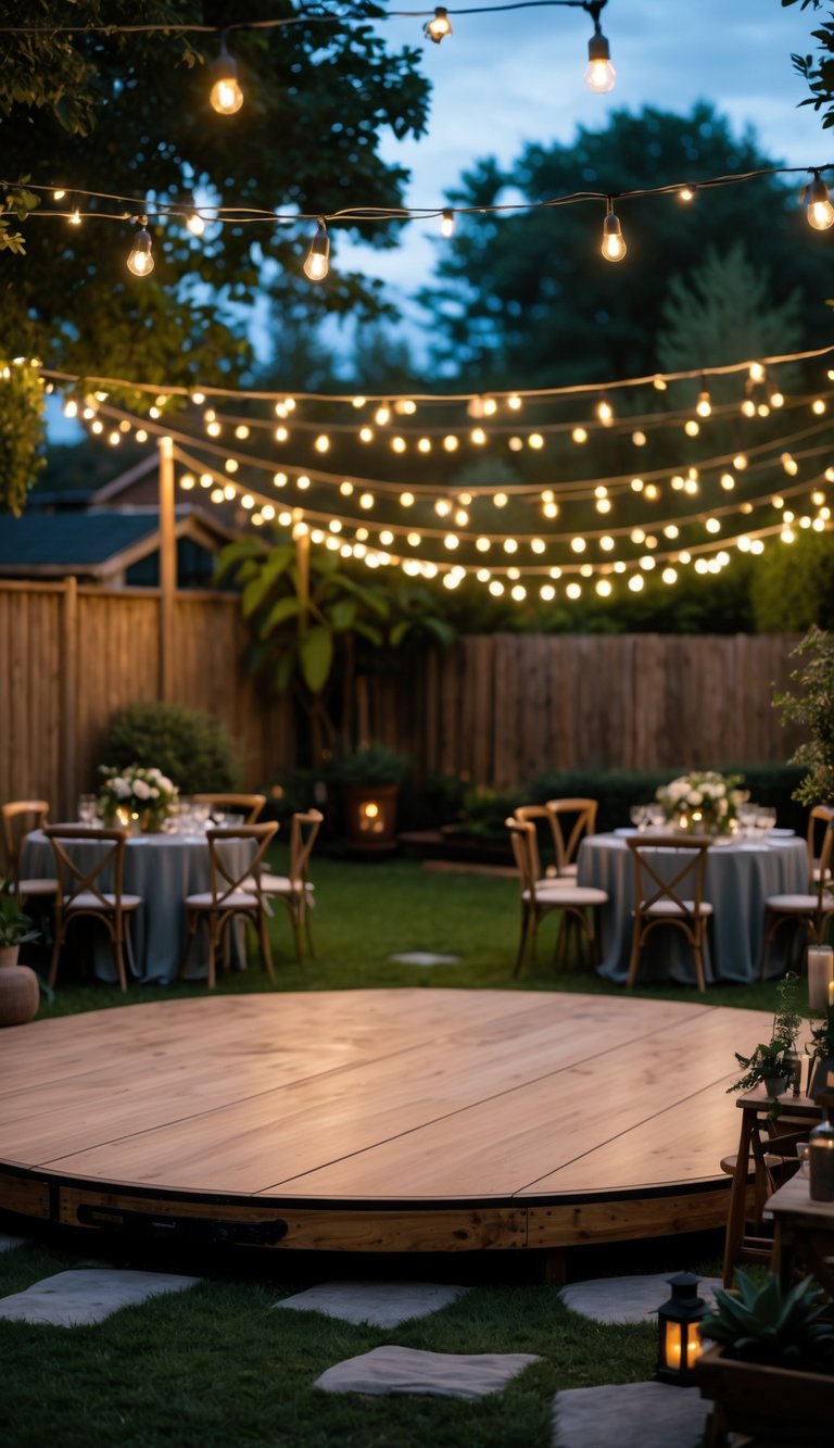 Outdoor backyard dance floor with fairy lights overhead, surrounded by tables and chairs set for a small wedding reception.