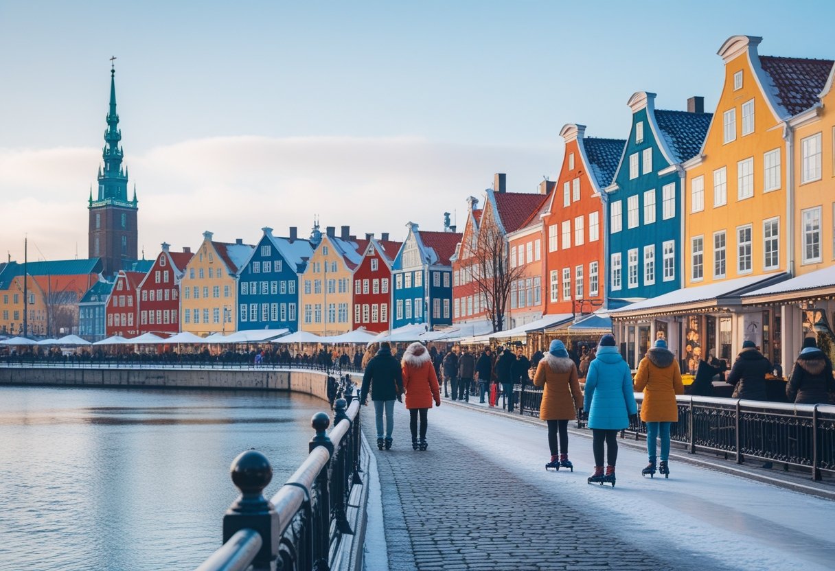 Winter scene of Copenhagen's colorful Nyhavn harbor with historic buildings, a church spire, and people walking along the waterfront.