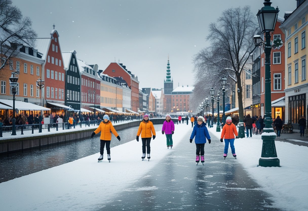 People enjoying winter activities outdoors in Copenhagen, including ice skating on a frozen canal and children building snowmen near historic buildings with light snowfall.