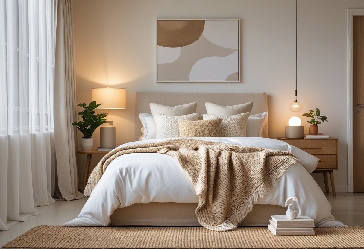 A cozy bedroom with a neatly made bed, wooden nightstand with lamp and plant, soft natural light coming through sheer curtains, and simple decorative accents.