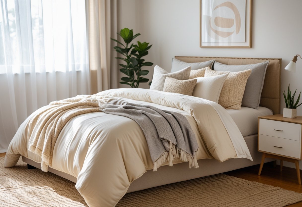 A neatly made bed with layered bedding, pillows, and a throw blanket in a bright bedroom with natural light and simple furniture.
