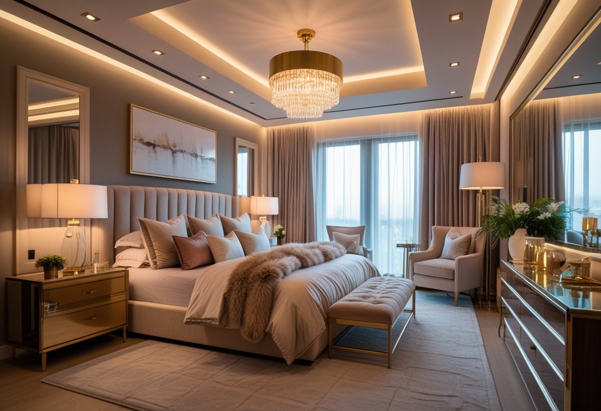 A bedroom with a large bed, warm bedside lamps, soft lighting, pillows, and elegant decor creating a cozy atmosphere.