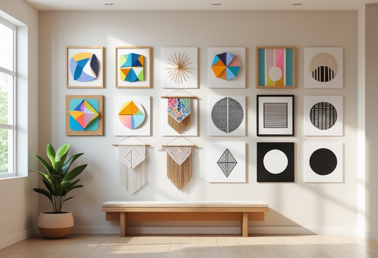 A wall displaying ten different handmade art pieces arranged neatly above a wooden bench with a potted plant nearby.