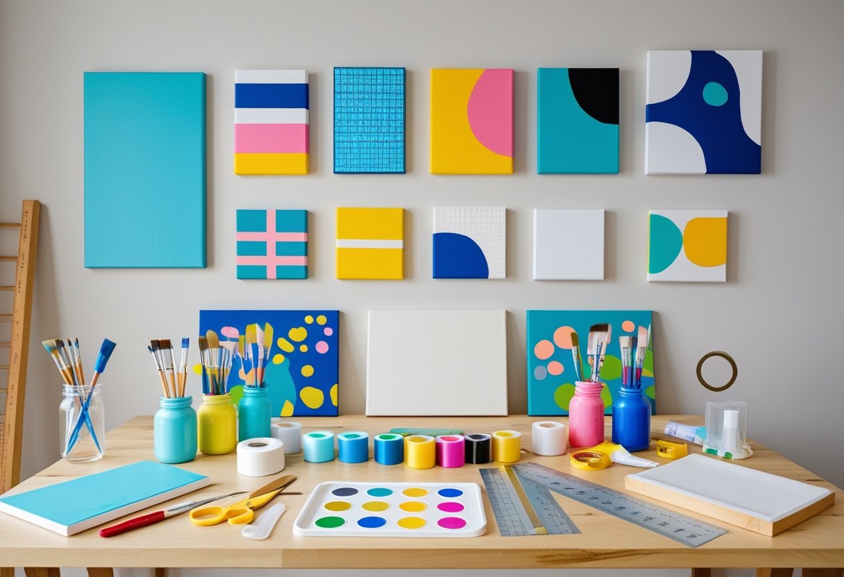 A workspace with art supplies and finished wall art pieces displayed on a wall.
