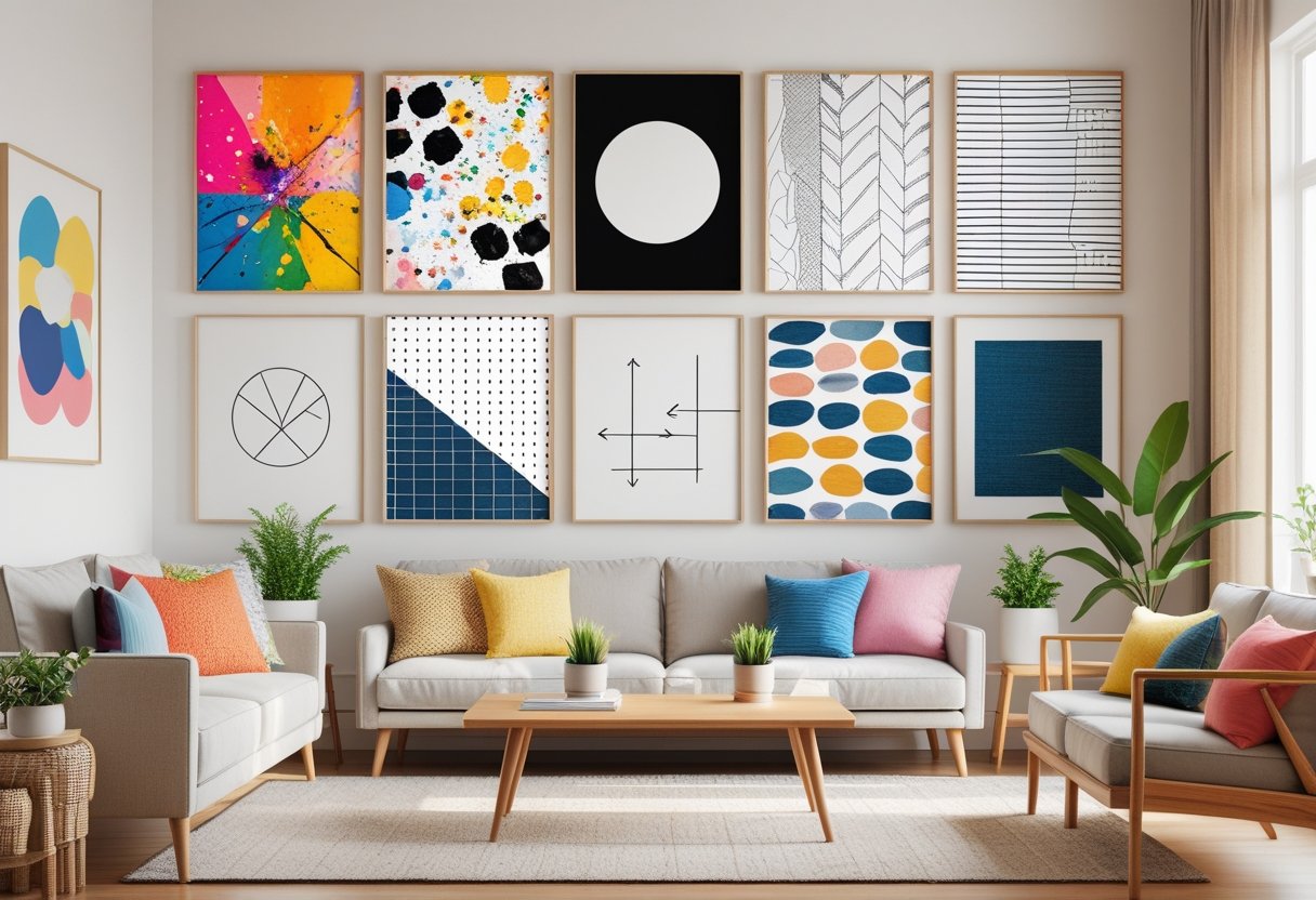 A modern living room with a gallery wall displaying ten different pieces of handmade wall art above a sofa and coffee table.
