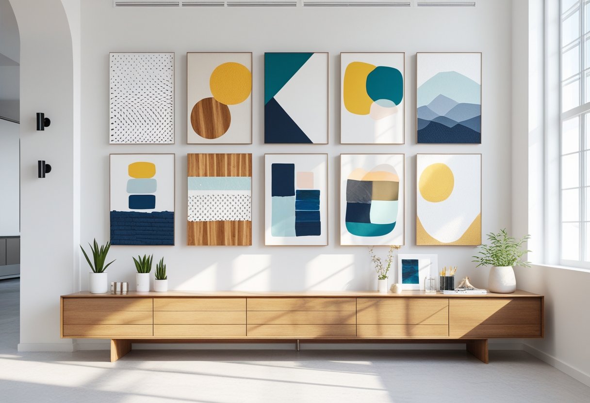 A bright room with a white wall decorated with ten different abstract art pieces and a wooden table with plants and art supplies beneath.