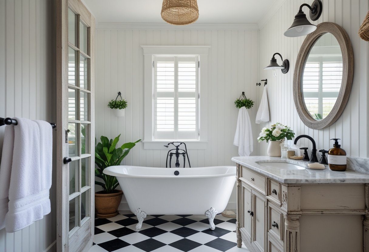 A bright farmhouse bathroom with a clawfoot bathtub, wooden vanity, round mirror, plants, and checkered tile floor.