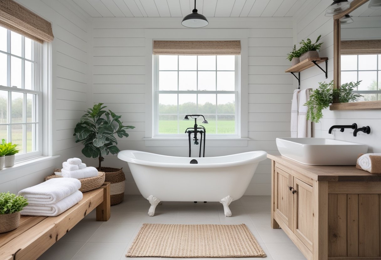 A bright farmhouse bathroom with a clawfoot bathtub, wooden vanity, plants, and natural light coming through a window.