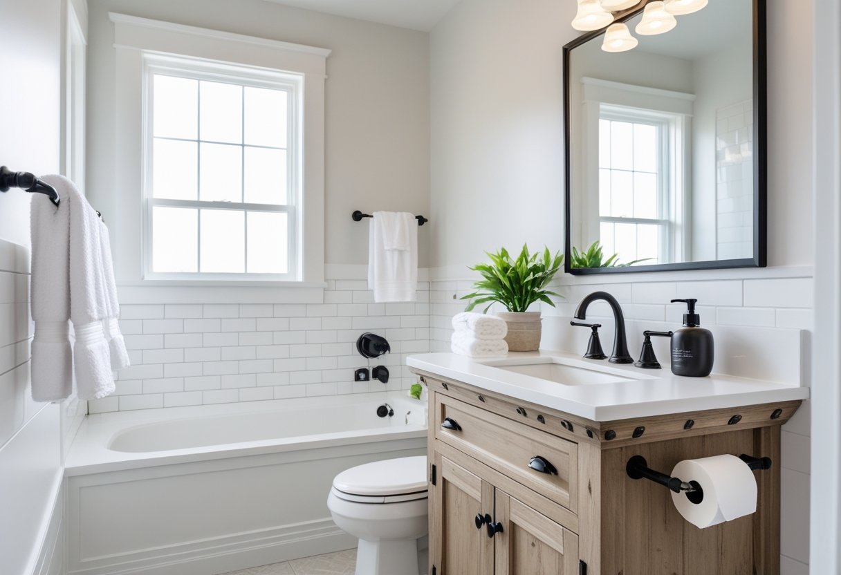 A clean bathroom with a white sink, wooden vanity, mirror, towel rack, and bathroom hardware under natural light.