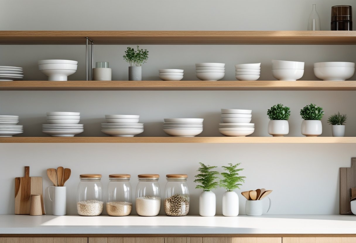 A kitchen with open wooden shelves holding neatly arranged dishes, glass jars, plants, and decorative items.