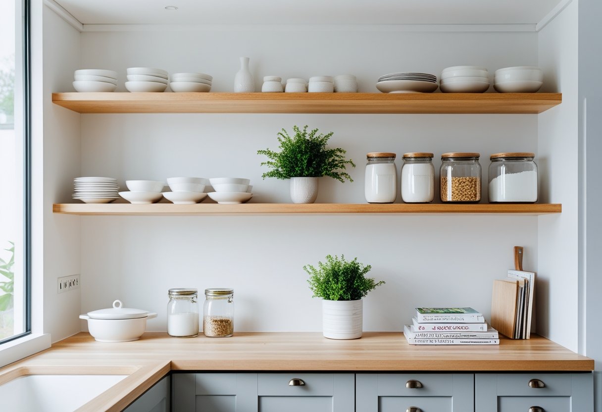 Open kitchen shelves neatly arranged with dishes, glass jars, a small plant, and cookbooks in a bright, clean kitchen.