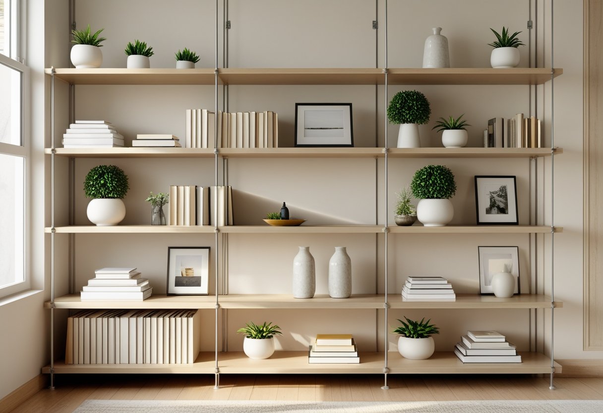 Open shelves with neatly arranged books, plants, vases, and framed photos in a bright living room.