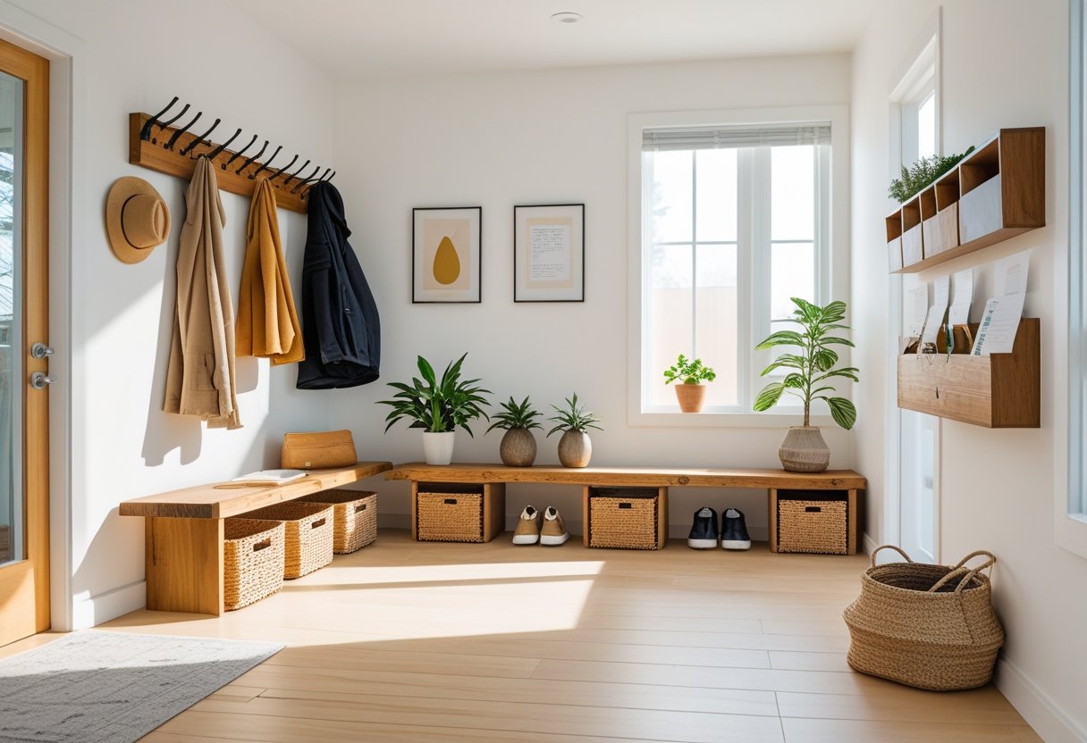 A tidy entryway with a coat rack, storage bench, shoe rack, shelf with plants and keys, and a mail organizer.
