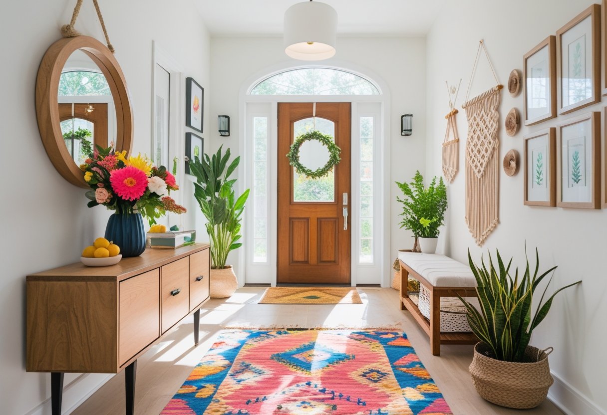A bright home entryway with a wooden table, floral arrangement, macrame wall hanging, decorative mirror, framed artwork, and a colorful rug.