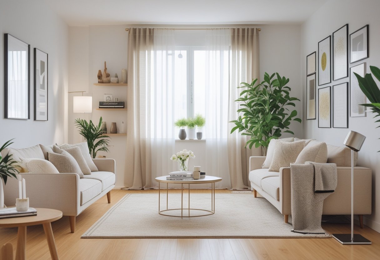 A bright living room with a neutral sofa, decorative pillows, coffee table with flowers and books, framed art on the walls, a green plant, and soft natural light.