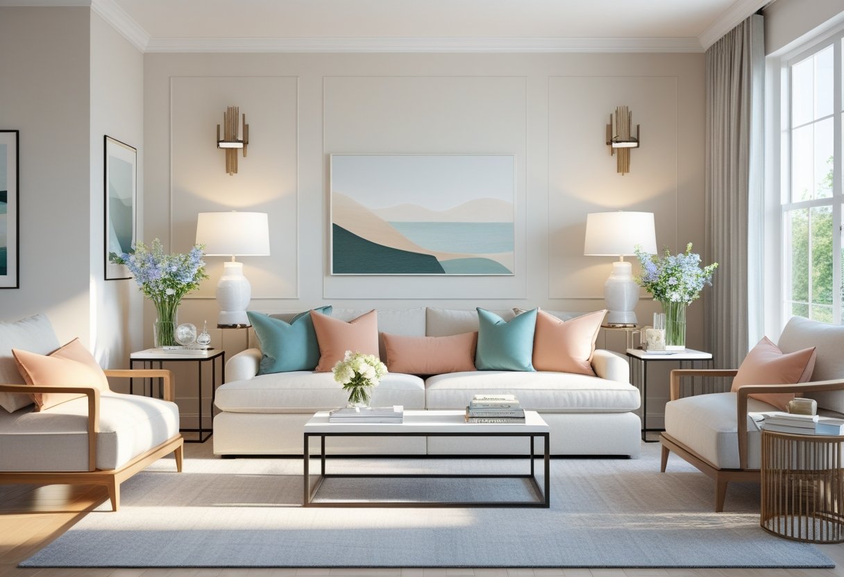 A bright living room with a sofa, throw pillows, a coffee table, fresh flowers, and wall art, all arranged harmoniously.