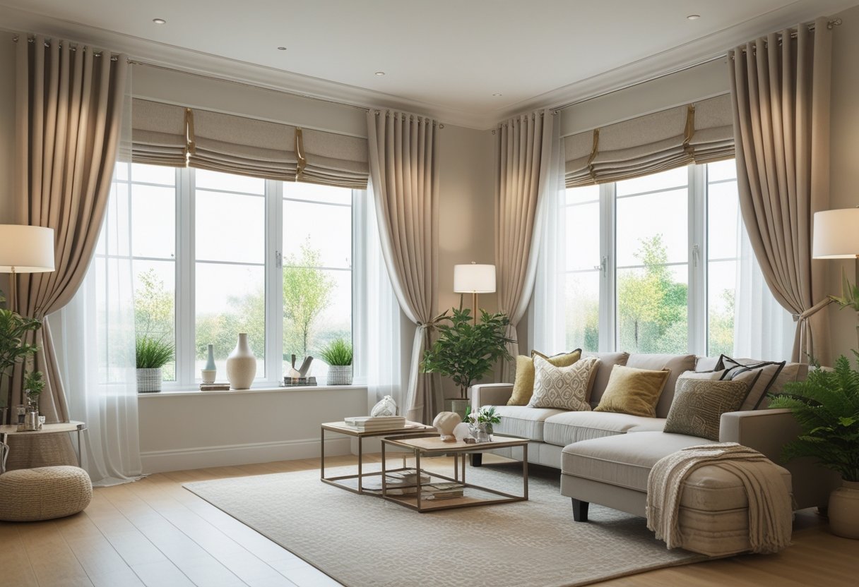 Living room with large windows featuring custom curtains and blinds, a sofa with decorative pillows, a coffee table with decor items, and potted plants.
