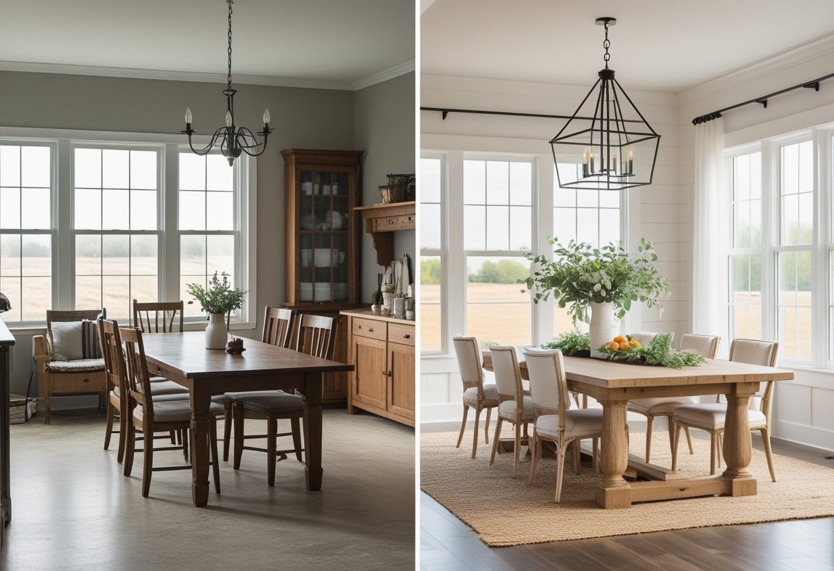 A split view of a farmhouse dining room showing a cluttered, dark space on the left and a bright, organized dining area with a wooden table and chairs on the right.