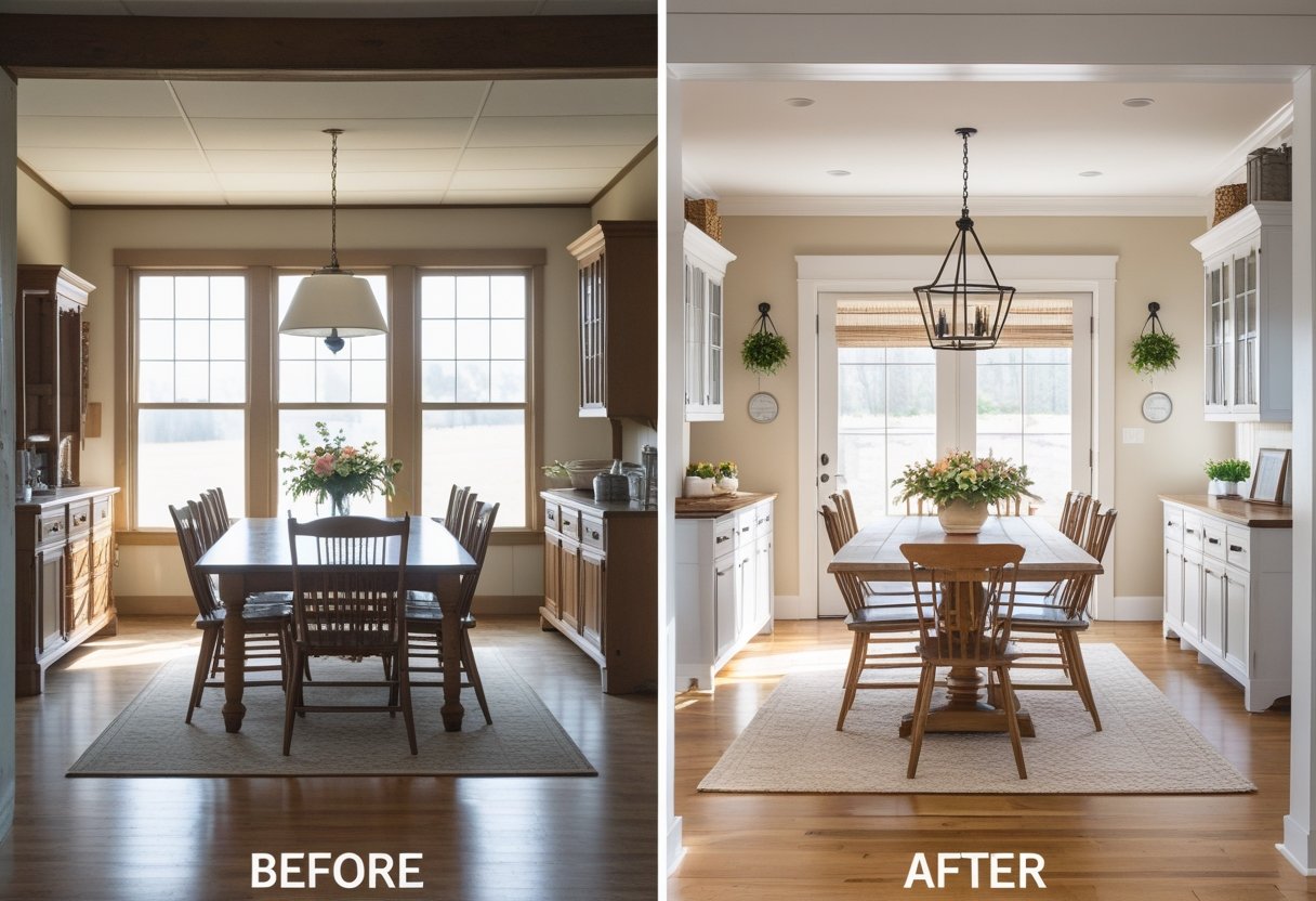 Side-by-side view of a farmhouse dining room before and after renovation, showing a cluttered space transformed into a bright and inviting dining area with a wooden table and chairs.