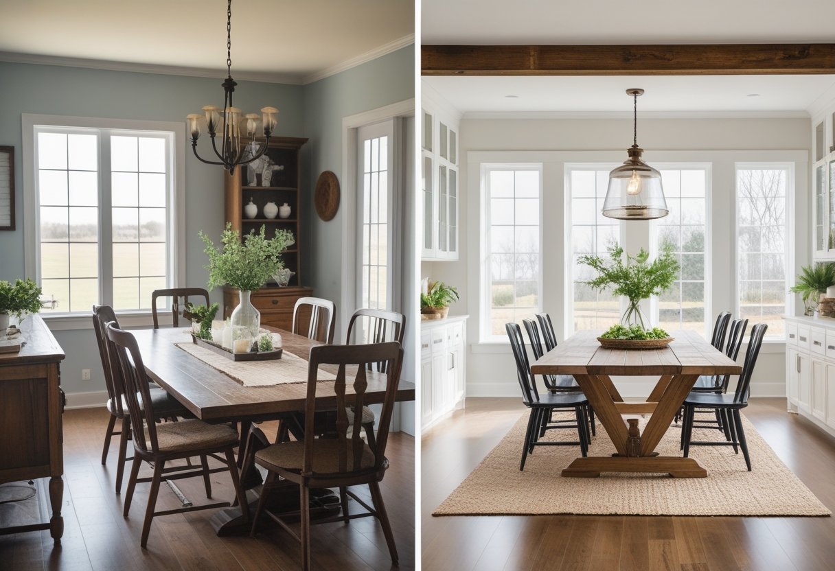 A split-view image showing a farmhouse dining room before and after a makeover, with the left side cluttered and worn, and the right side bright and renovated with a wooden table and chairs.