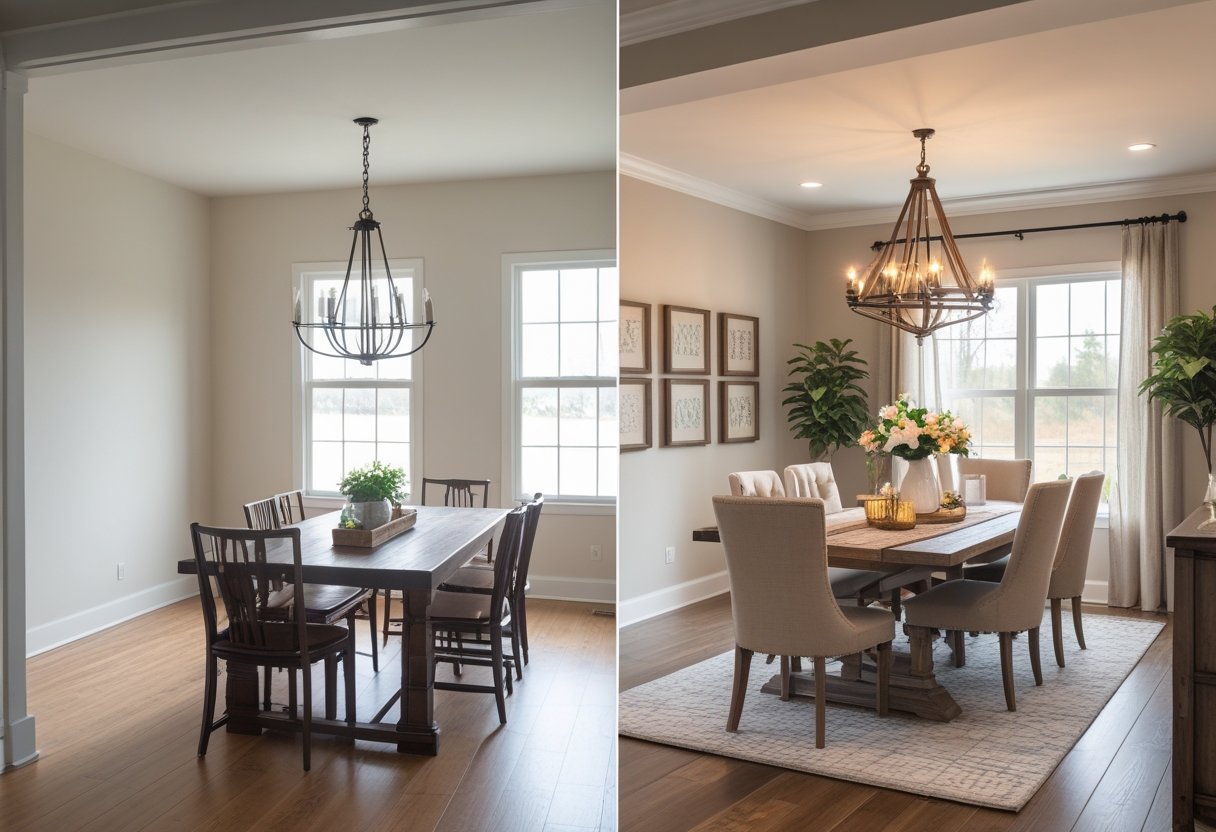 Side-by-side view of a dining room before and after furniture and decor updates, showing an empty space on one side and a fully furnished dining area on the other.
