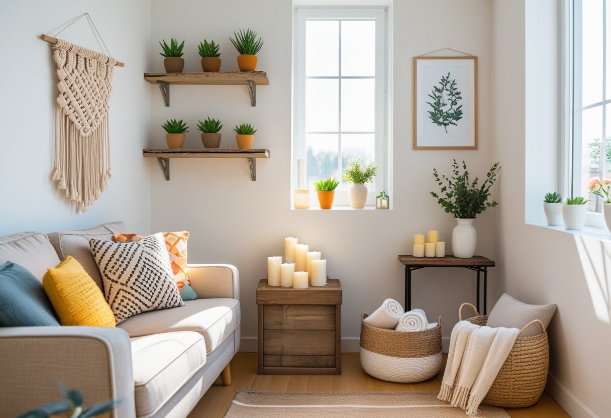 A cozy living room corner with handmade wall hanging, potted plants, candles, decorative pillow, framed print, woven basket with blankets, and fresh flowers on a table.