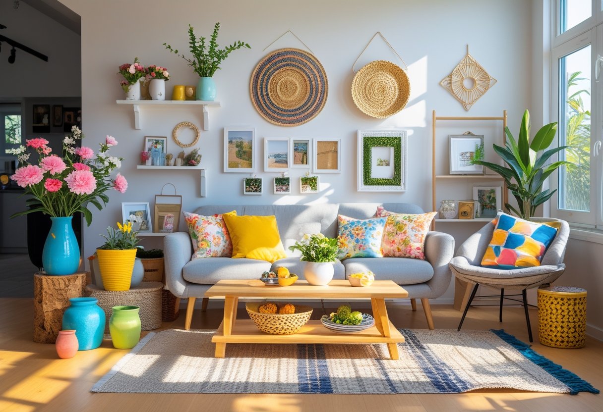 A cozy living room displaying seven small DIY home decor projects including vases with flowers, painted pots, a woven wall hanging, framed photos, a decorative shelf, a colorful throw pillow, and a natural table centerpiece.