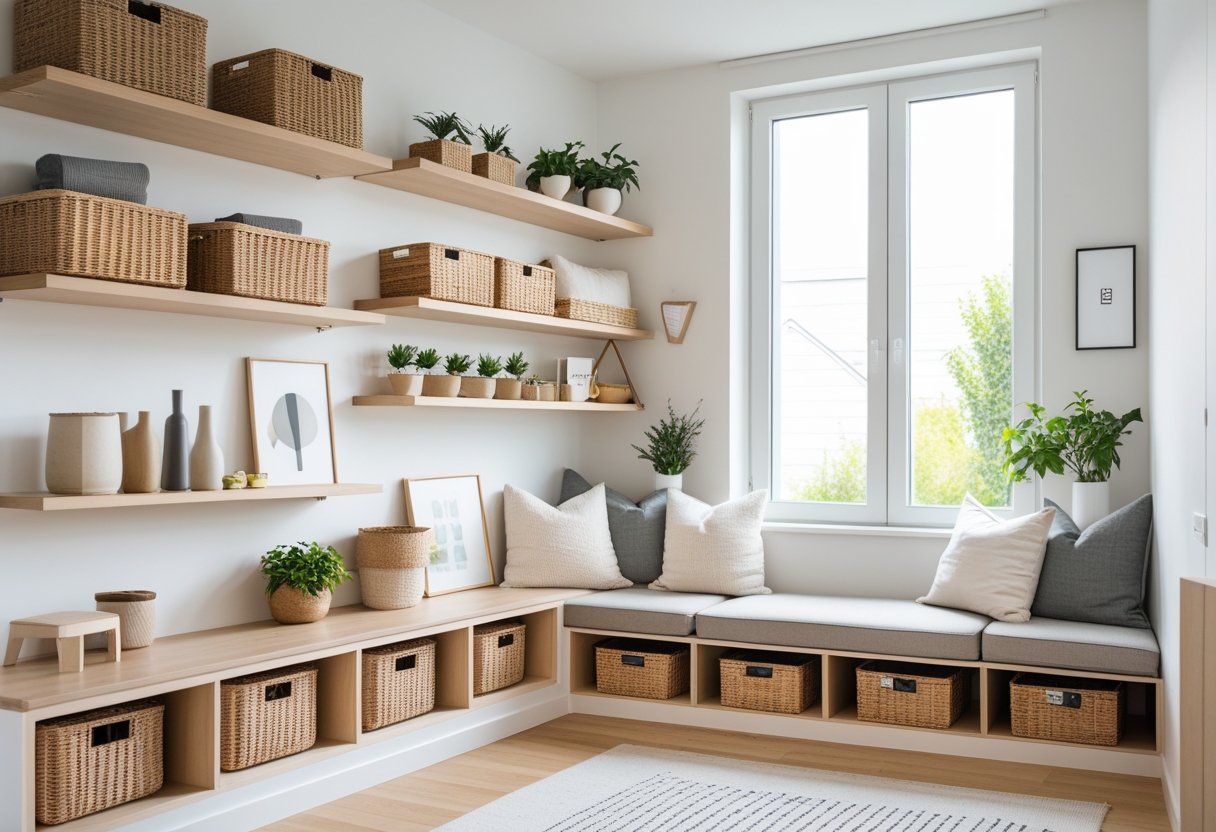 A bright living room with organized shelves, built-in storage seating, plants, and decorative items creating a cozy and tidy space.