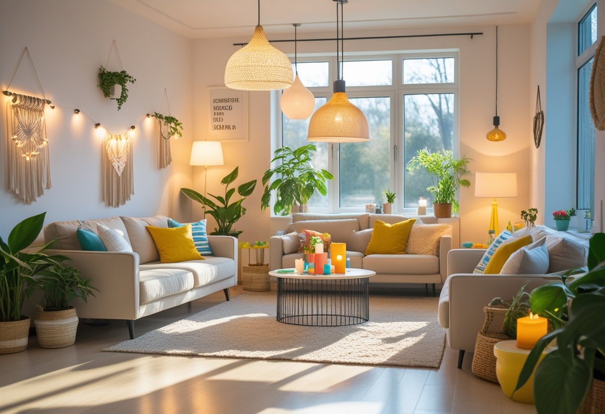 A bright living room with natural light, various lamps, plants, and cozy decor creating a warm and inviting atmosphere.