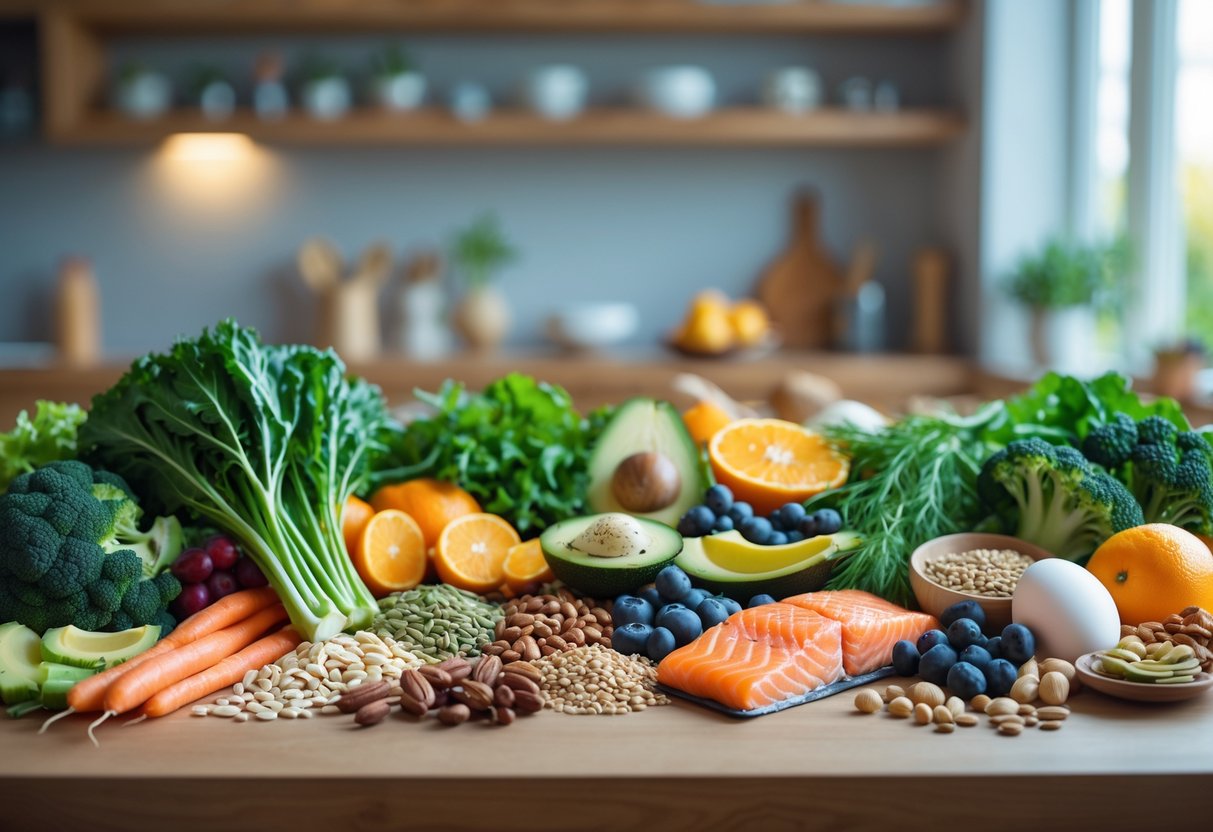 A table with a variety of fresh vegetables, fruits, nuts, whole grains, and lean proteins arranged neatly in a kitchen setting.