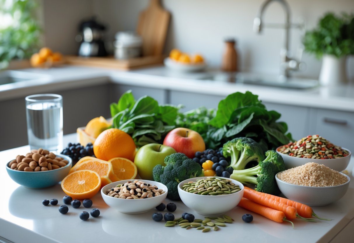 A kitchen countertop displaying fresh fruits, vegetables, nuts, whole grains, and a glass of herbal tea arranged to represent a healthy menopause diet.
