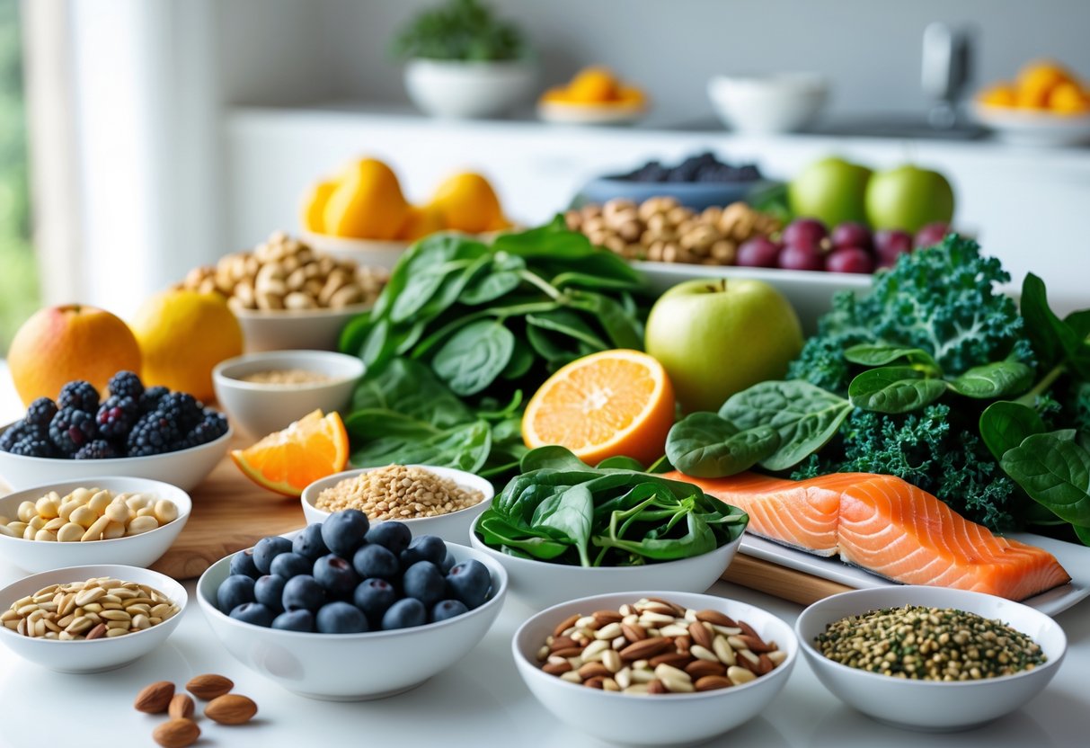 A variety of fresh fruits, vegetables, nuts, grains, and lean proteins arranged on a table, representing healthy foods for menopause.