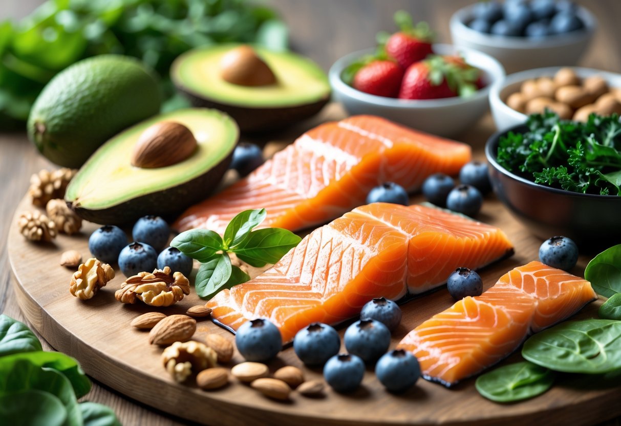 A variety of fresh healthy foods including avocados, walnuts, salmon, berries, leafy greens, and olive oil arranged on a wooden table.