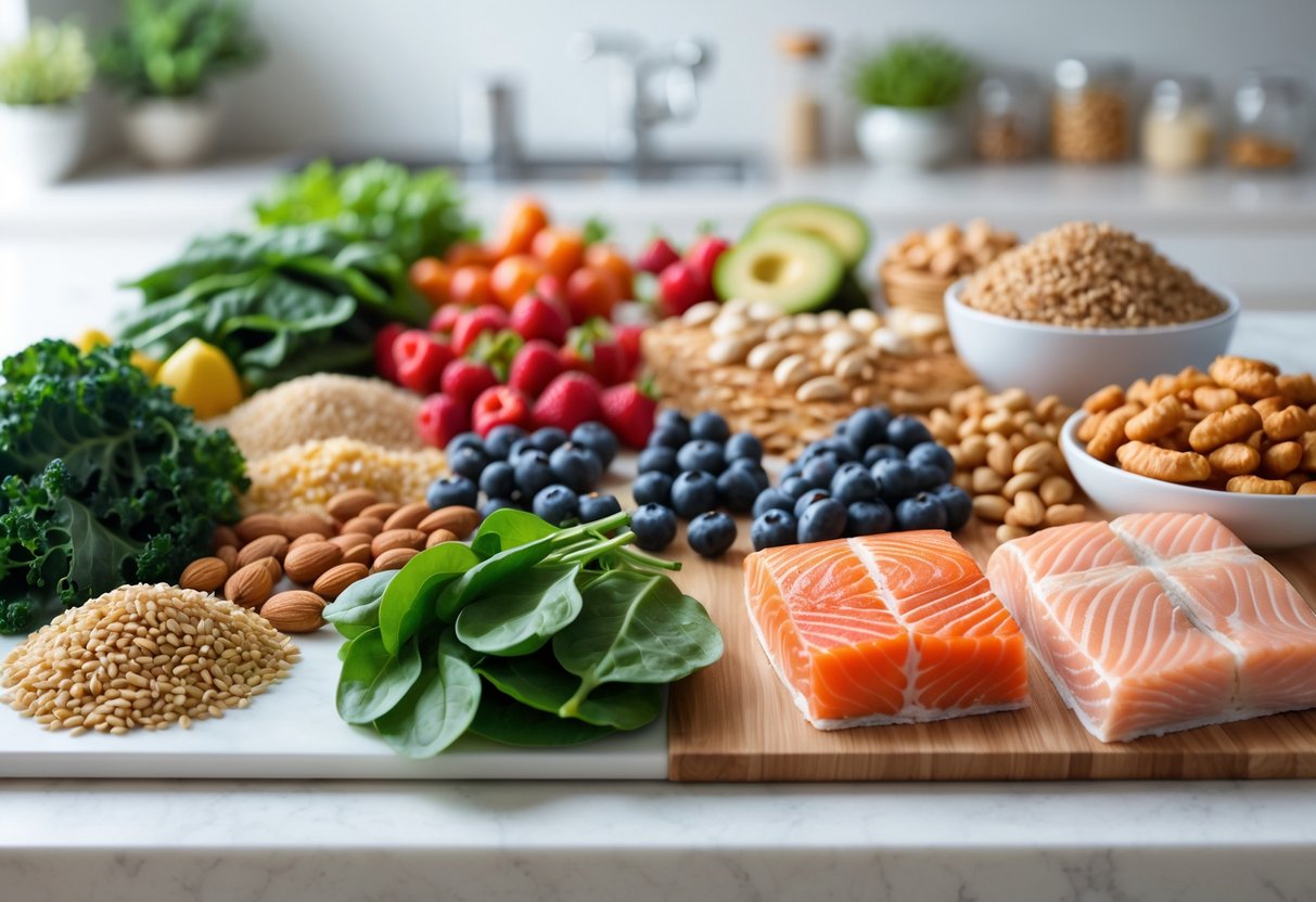 A kitchen countertop displaying fresh healthy foods like leafy greens, berries, nuts, whole grains, and grilled salmon alongside blurred processed snacks and sugary desserts.