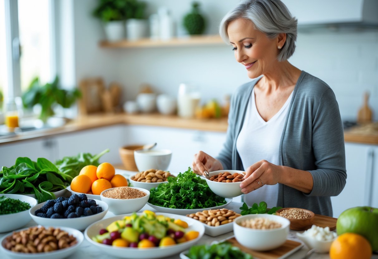 A middle-aged woman preparing a variety of fresh, healthy foods on a kitchen table, including leafy greens, nuts, fruits, and whole grains.