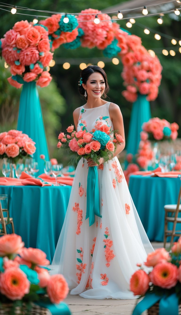 A wedding scene with coral and teal flowers, a bride holding a bouquet, and a groom wearing a teal tie and coral boutonniere outdoors.