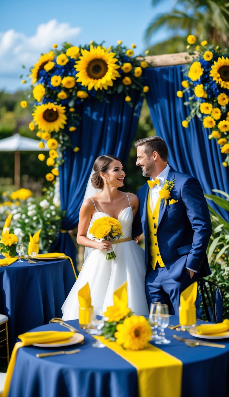 A bride and groom at an outdoor wedding venue decorated with yellow flowers and navy blue fabrics.