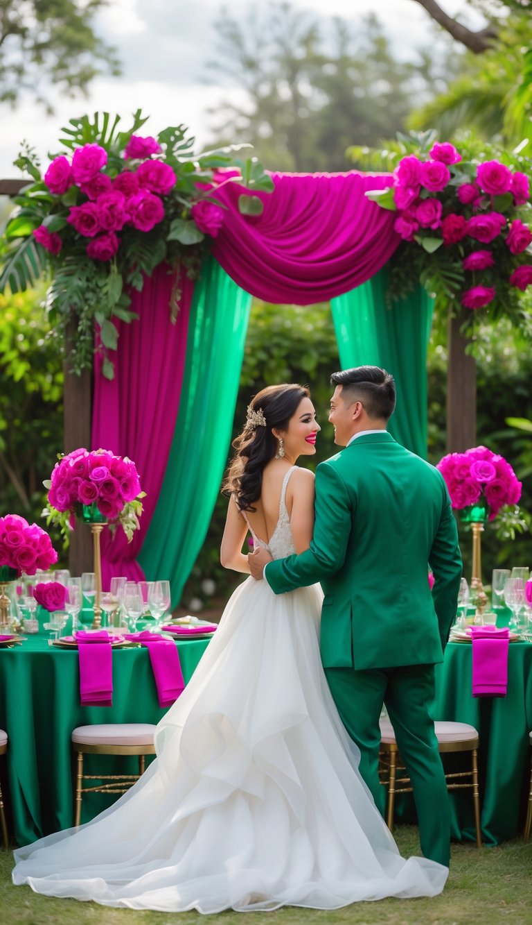 A wedding scene with a bride and groom surrounded by magenta and emerald green floral decorations and fabrics outdoors.