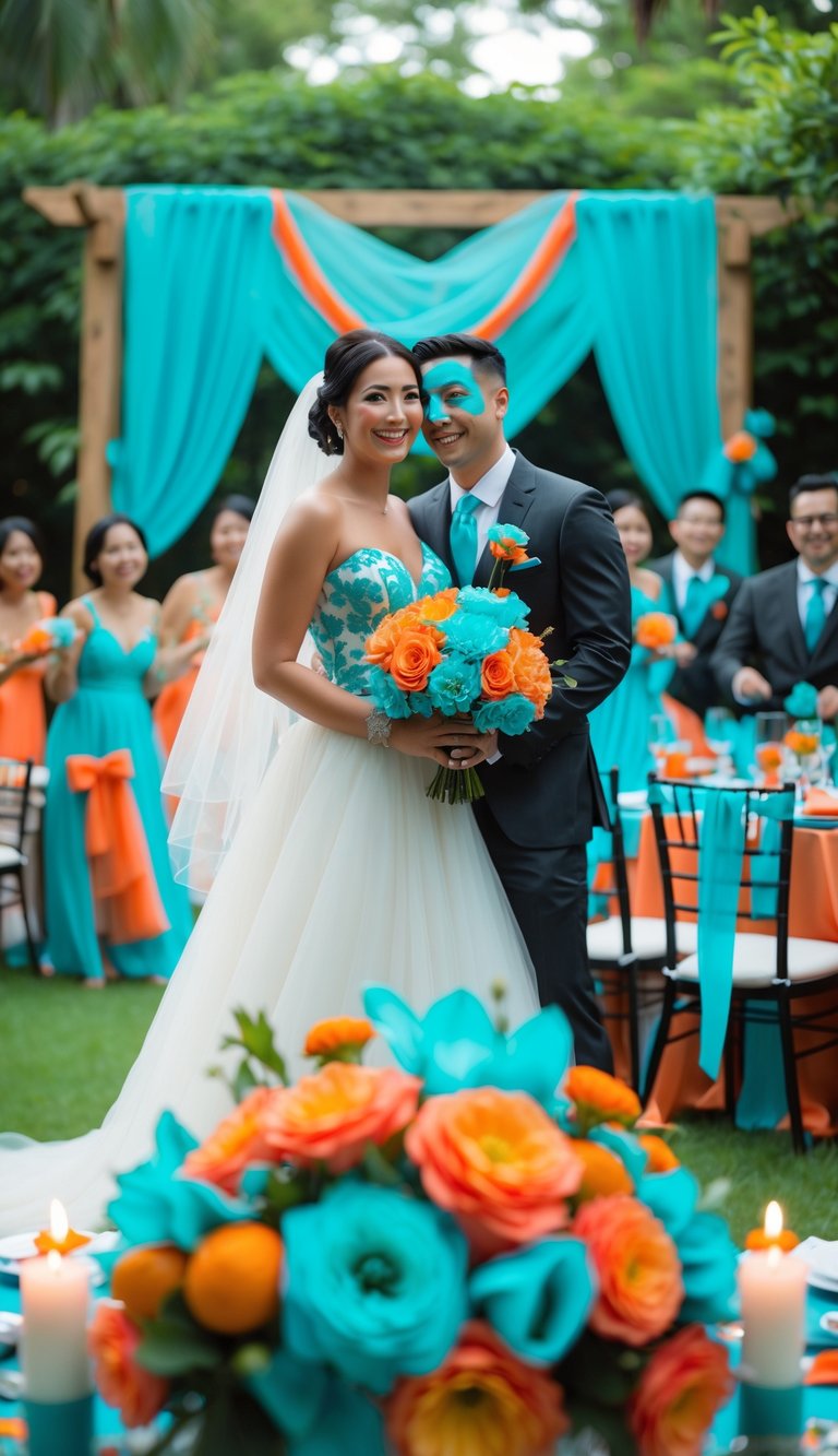 A bride and groom in turquoise and tangerine wedding attire stand outdoors surrounded by matching floral decorations and guests celebrating.