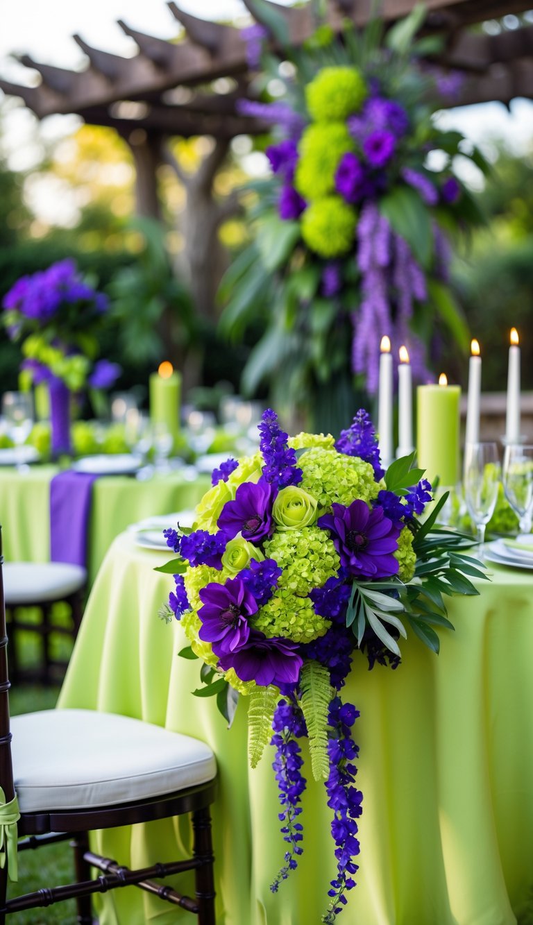 An outdoor wedding setup with violet and chartreuse flowers, bridesmaids in matching dresses, and decorated tables under natural light.