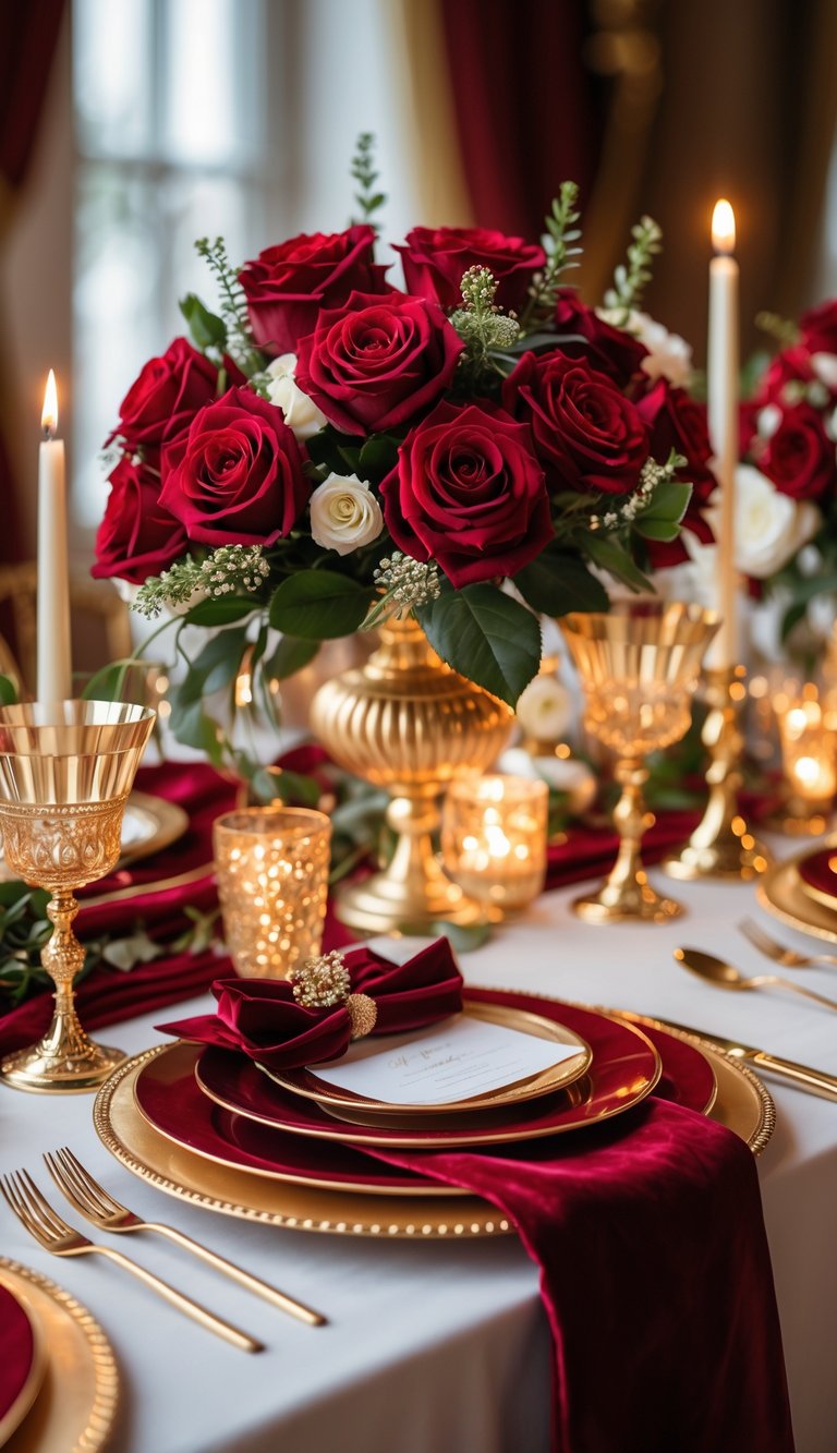 A wedding table decorated with ruby red roses, gold accents, and elegant tableware.